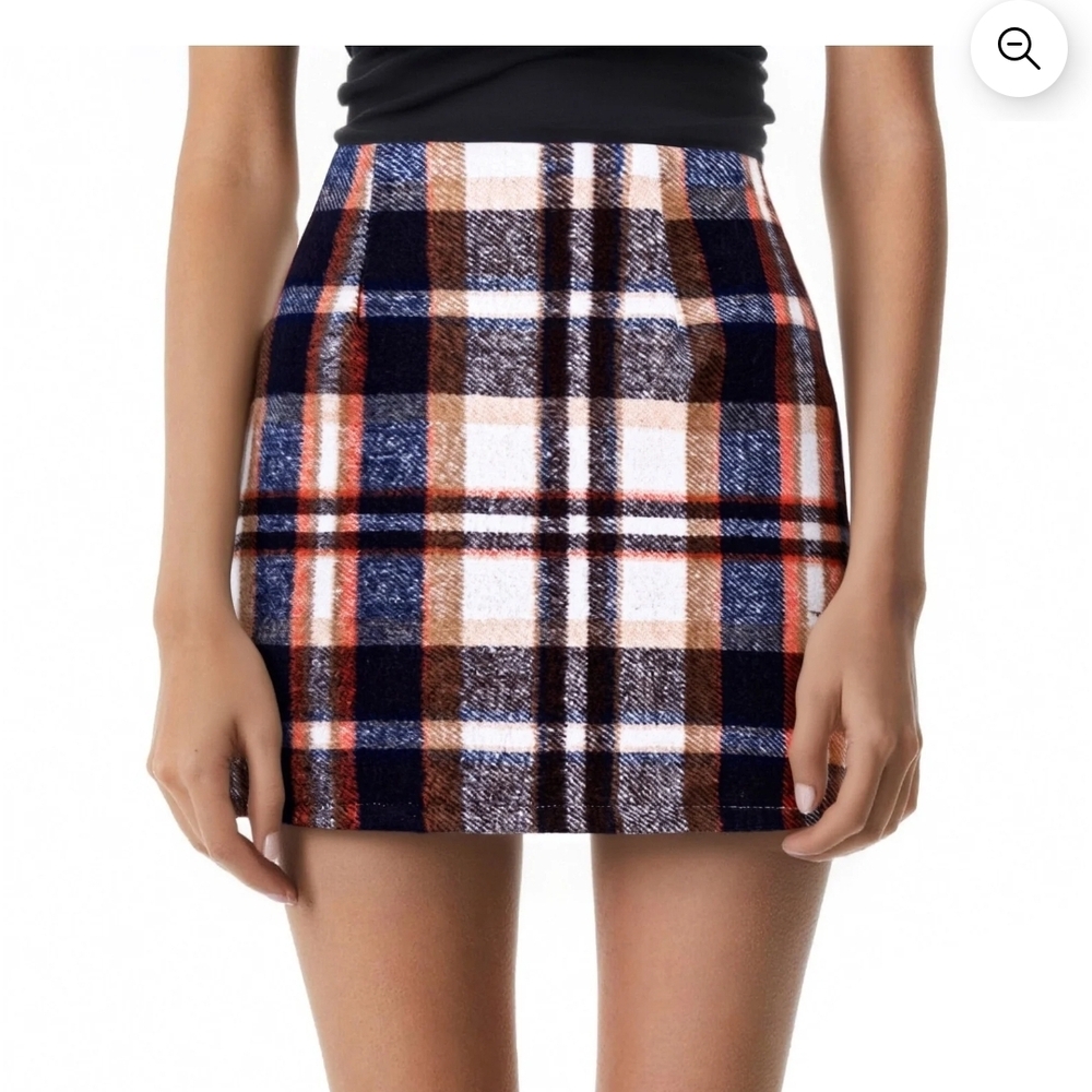 Plaid Brown Wool Blend Mini Skirt Blue Sz 2X